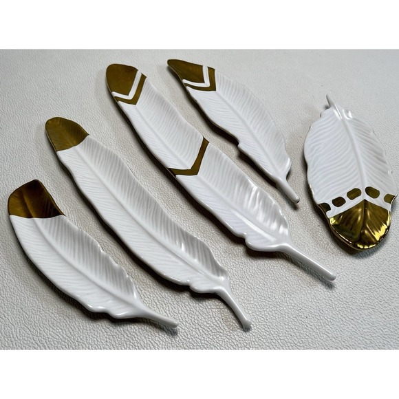 Set of 5 Porcelain Feather Wall Hangings White‎ & Gold Ceramic Boho Decor - Picture 2 of 10